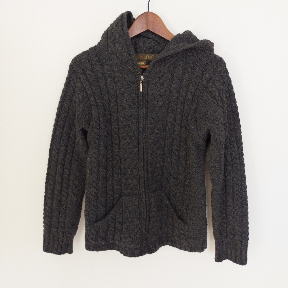 Inis Crafts 100% Merino Wool Hooded Cable Knit Zip Sweater Charcoal Grey Small